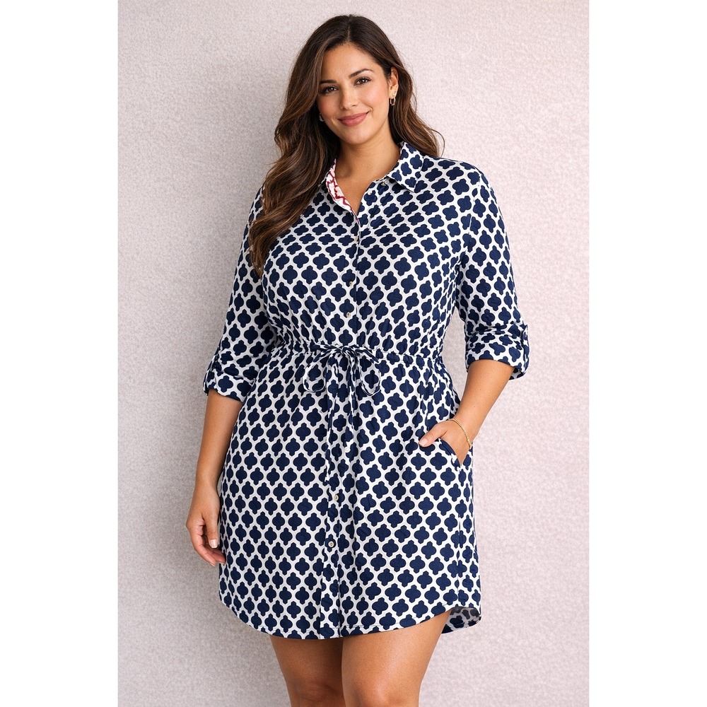 Lands End Shirt Dress 18 Cotton Navy Blue Geometric Pockets Lightweight Preppy